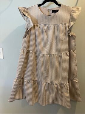 En Saison Beige and White Striped Ruffle-Tier Dress